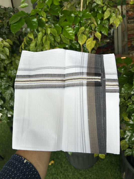 20% Discount! KaithariKada Balaramapuram 100% Cotton Double Pure white Mundu/Dhoti - 100X80 - 1.5 inch Silver Kasav Brown & Black shaded Stripes kara - 4 mtr ( 8.5 muzham) - 131 KK5341 VIN