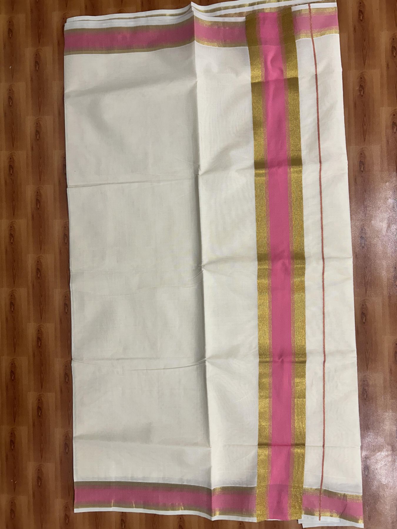 Off White Saree - 25% Discount! Kaitharikada Kerala Traditional Mixed Cotton Kasavu Saree - 3 Inch Pallu - Gold Kasav & Pink Stripes Kara - 24 KK7000 PMC
