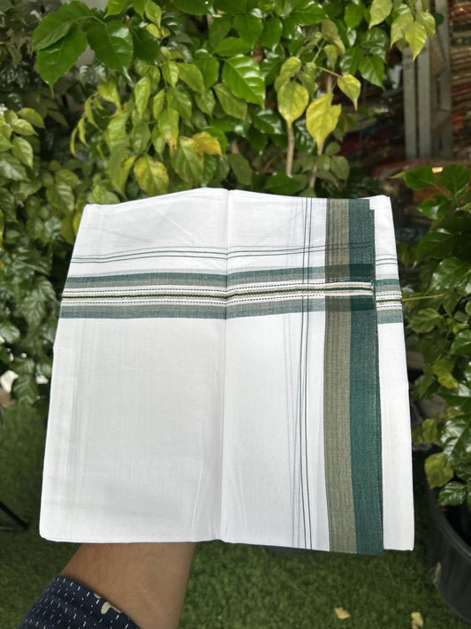 20% Discount! KaithariKada Balaramapuram 100% Cotton Double Pure white Mundu/Dhoti - 100X80 - 1.5 inch Silver Kasav Bottle green & Light Green shaded Stripes kara - 4 mtr ( 8.5 muzham) - 127 KK5341 VIN