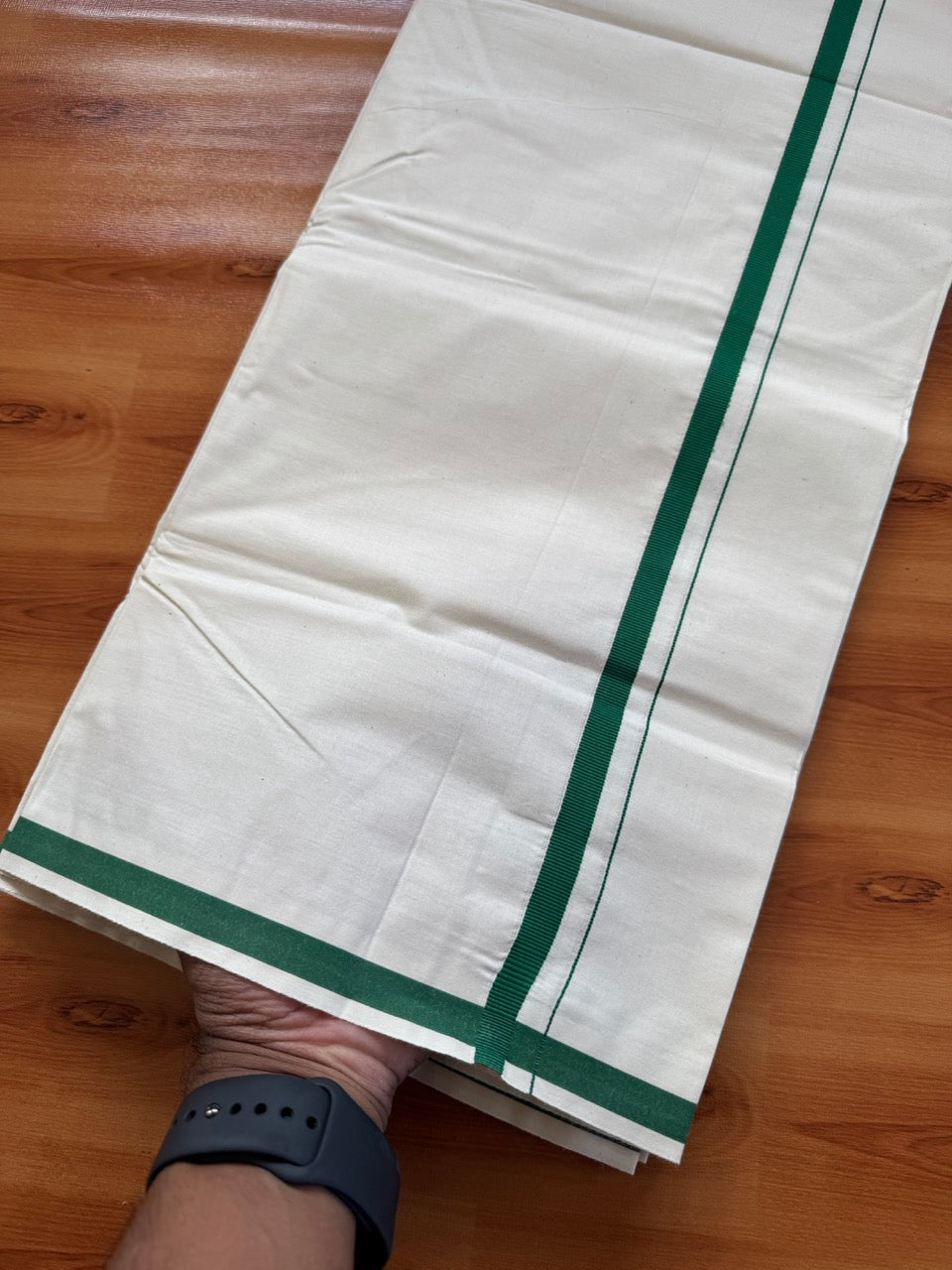 Single Off white 100% Pure Cotton Mundu/Dhoti (Unbleached) - KaithariKada (40s) - 1 cm Green Kara (2 meter / 4 muzham) - 2 KK5472 MC