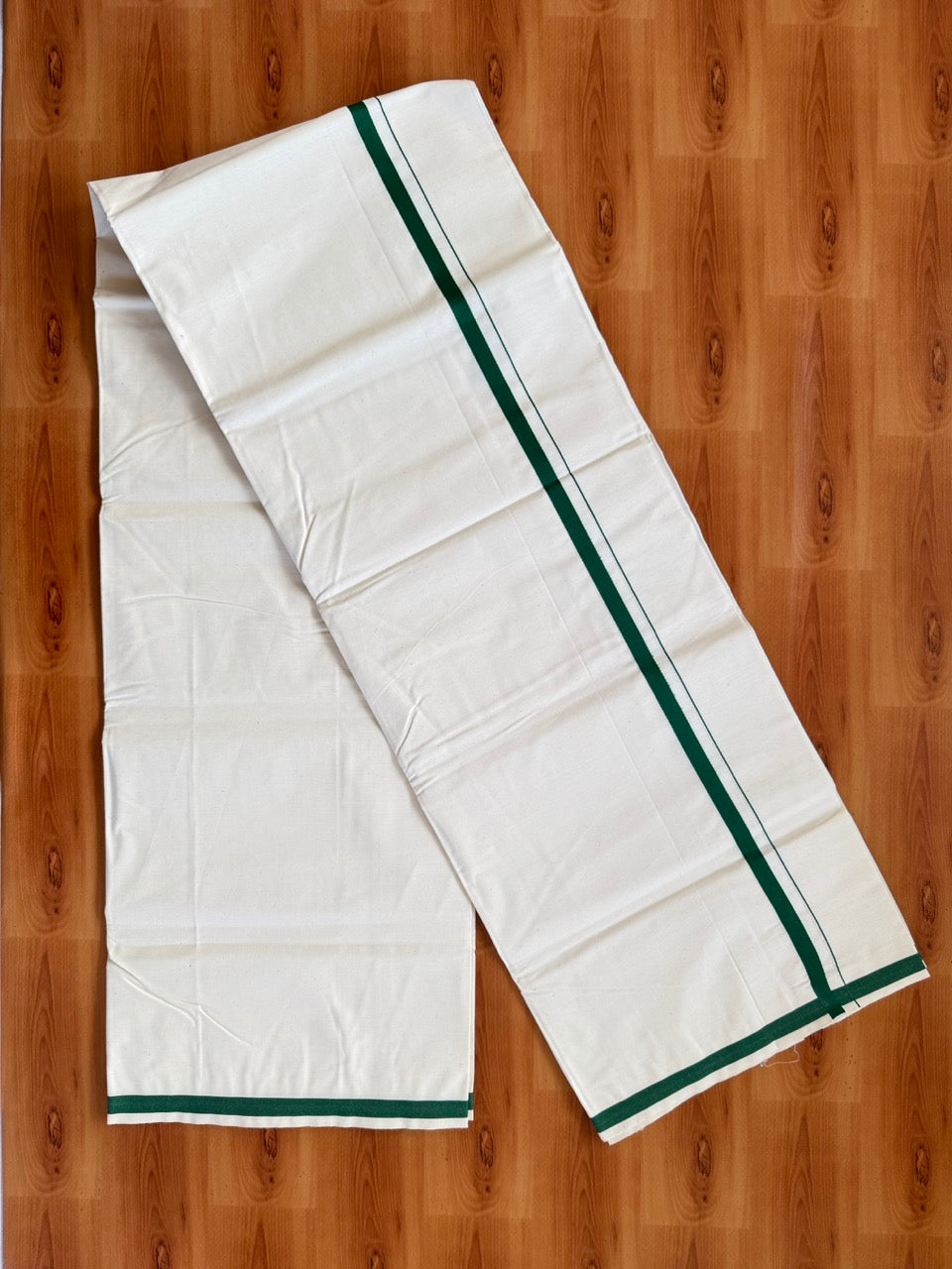 Single Off white 100% Pure Cotton Mundu/Dhoti (Unbleached) - KaithariKada (40s) - 1 cm Green Kara (2 meter / 4 muzham) - 2 KK5472 MC
