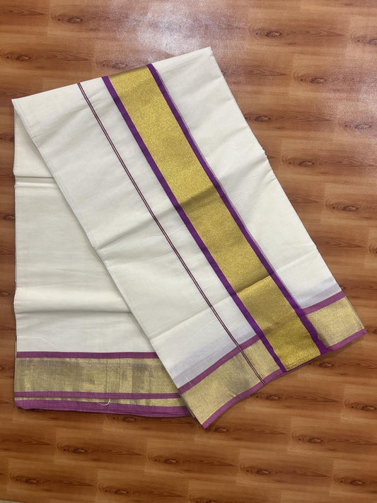 Off White Saree - 25% Discount! Kaitharikada Kerala Traditional Mixed Cotton Kasavu Saree - 3 Inch Pallu - Gold Kasav & Purple Kara - 19 KK7000 PMC