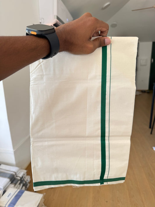 Single Off white 100% Pure Cotton Mundu/Dhoti (Unbleached) - KaithariKada (40s) - 1 cm Green Kara (2 meter / 4 muzham) - 2 KK5472 MC