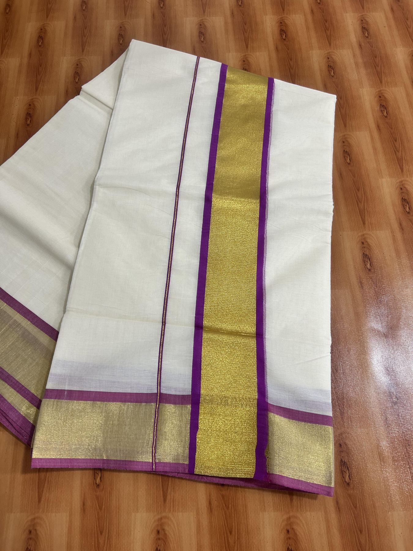 Off White Saree - 25% Discount! Kaitharikada Kerala Traditional Mixed Cotton Kasavu Saree - 3 Inch Pallu - Gold Silver Kasav & Purple Kara - 19 KK7000 PMC