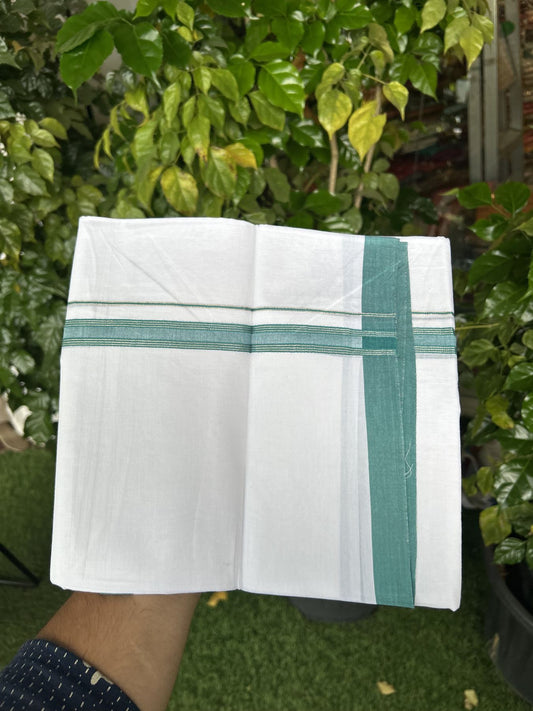 20% Discount! KaithariKada Balaramapuram 100% Cotton Double Pure white Mundu/Dhoti- 100X80 - 0.75 inch Silver Kasav & Green Teal Striped kara - 4 mtr ( 8.5 muzham) - 18 KK5341 VIN