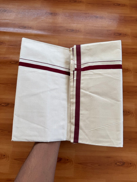 Single Off white 100% Pure Cotton Mundu/Dhoti (Unbleached) - KaithariKada (40s) - 1 cm Maroon Kara (2 meter / 4 muzham) - 3 KK5472 MC