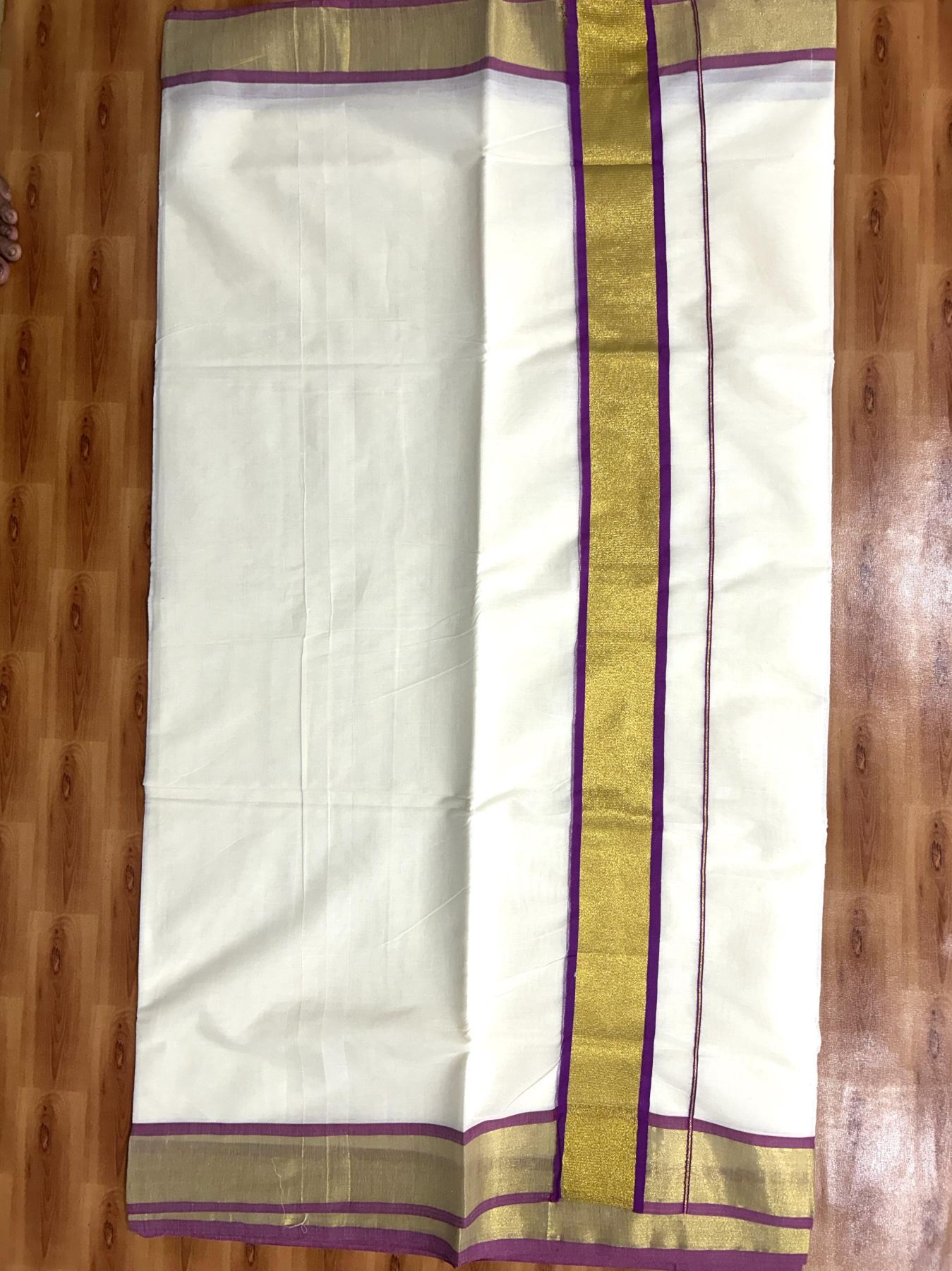 Off White Saree - 25% Discount! Kaitharikada Kerala Traditional Mixed Cotton Kasavu Saree - 3 Inch Pallu - Gold Silver Kasav & Purple Kara - 19 KK7000 PMC