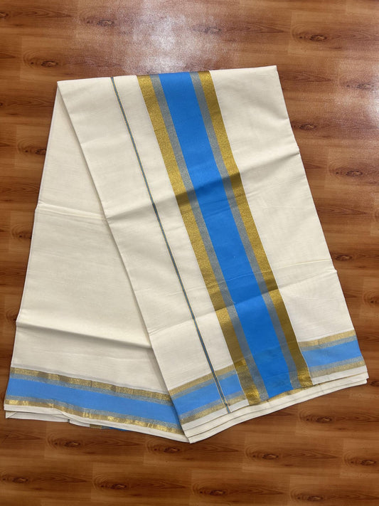 Off White Saree - 25% Discount! Kaitharikada Kerala Traditional Mixed Cotton Kasavu Saree - 3 Inch Pallu - Gold Kasav & Sky Blue Stripes Kara - 21 KK7000 PMC