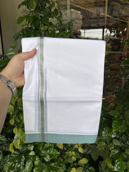 20% Discount! KaithariKada Balaramapuram 100% Cotton Double Pure white Mundu/Dhoti- 100X80 - 1 inch Puliyilakkara Silver Kasav & Teal Green Chutty Kara - 4 mtr ( 8.5 muzham) - 69 KK5341 VIN