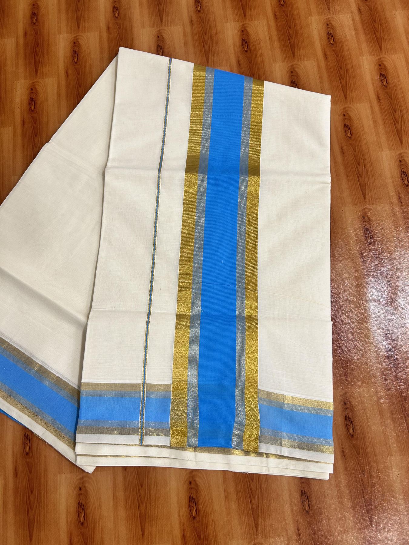 Off White Saree - 25% Discount! Kaitharikada Kerala Traditional Mixed Cotton Kasavu Saree - 3 Inch Pallu - Gold Kasav & Sky Blue Stripes Kara - 21 KK7000 PMC