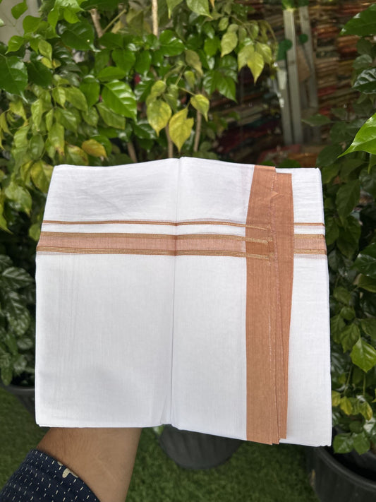 20% Discount! KaithariKada Balaramapuram 100% Cotton Double Pure white Mundu/Dhoti- 100X80 - 0.75 inch Silver Kasav & Peach Orange Striped kara - 4 mtr ( 8.5 muzham) - 17 KK5341 VIN