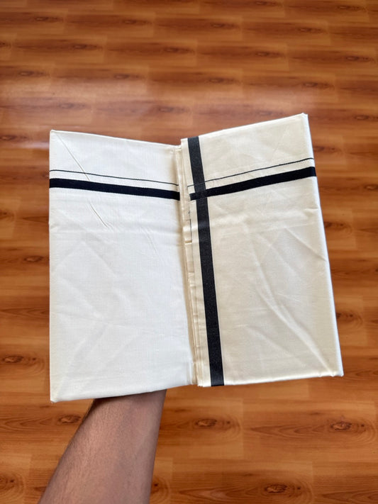 Single Off white 100% Pure Cotton Mundu/Dhoti (Unbleached) - KaithariKada (40s) - 1 cm Black Kara (2 meter / 4 muzham) - 5 KK5472 MC