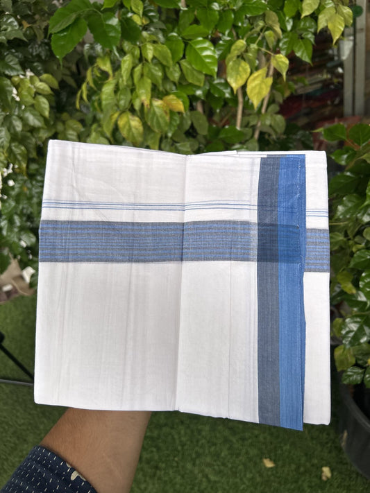 20% Discount! KaithariKada Balaramapuram 100% Cotton Double Pure white Mundu/Dhoti- 100X80 - 1.5 inch Navy Blue & Blue Striped kara - 4 mtr ( 8.5 muzham) - 15 KK5341 VIN
