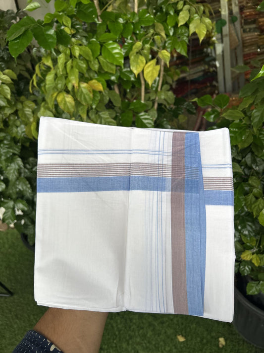 20% Discount! KaithariKada Balaramapuram 100% Cotton Double Pure white Mundu/Dhoti- 100X80 - 1.5 inch Blue & Brown kara - 4 mtr ( 8.5 muzham) - 12 KK5341 VIN