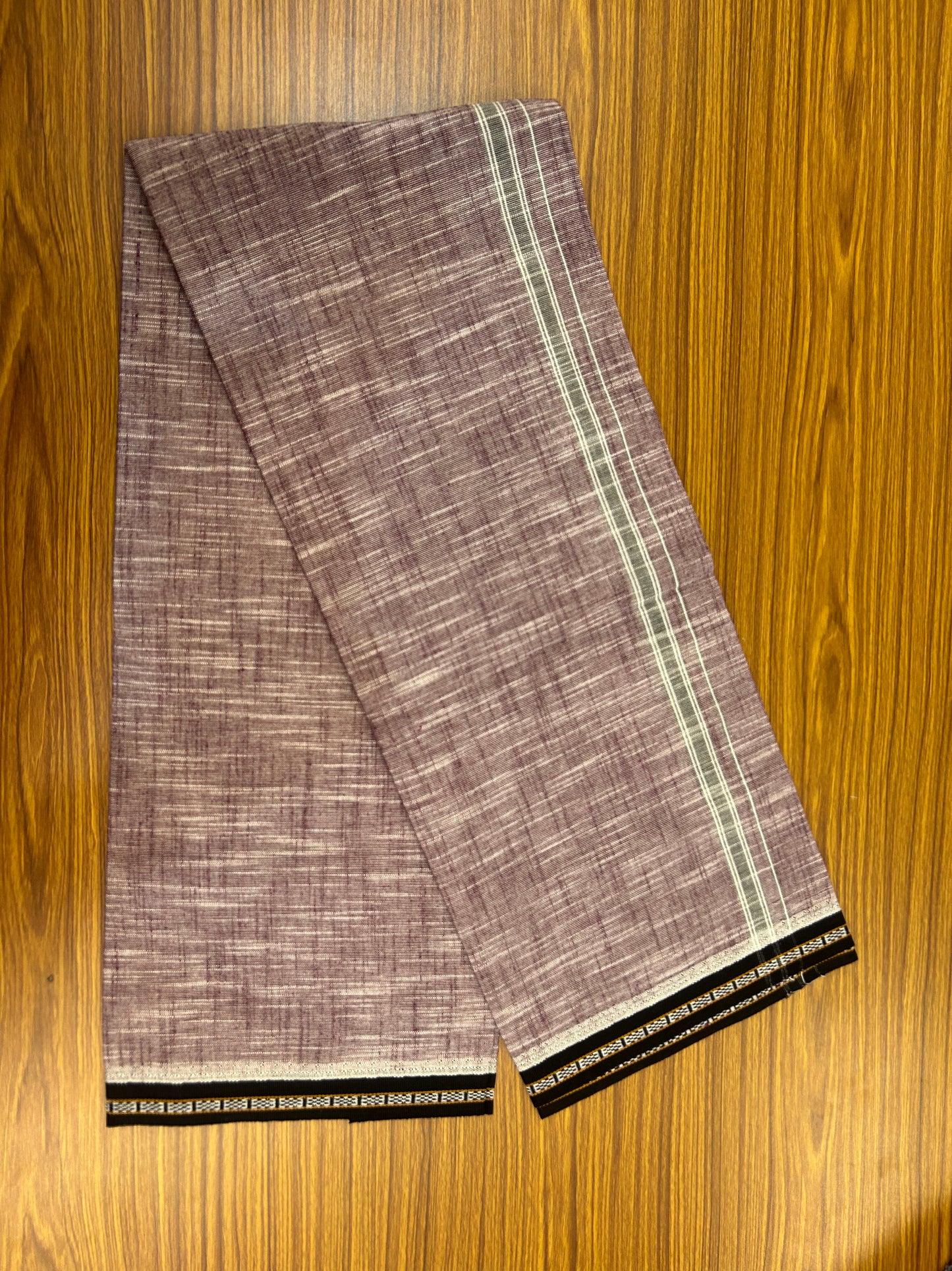Premium Kathar Type Mund Pure cotton - Kaitharikada - Single Kaily / Lungi - 0.75 inch Black Kara and Black kuppadam Border with Purple Wine White Shaded colour body  (2 meter / 4 muzham)- 53 KK8050 MUT
