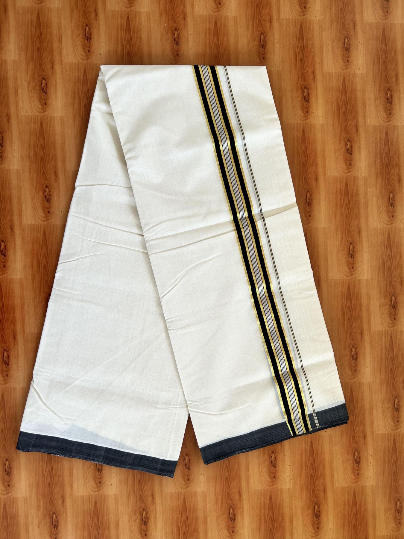 Double Off White - (Unbleached) Mundu/Dhoti - 25% Discount! KaithariKada Handloom Millpaav Kerala Handloom - Pure Cotton - (80X90) - 1.5 inch Gold & Silver Kasav Black Striped Kara 4 mtr (8.5 Muzham) - 13 KK5403 RAM