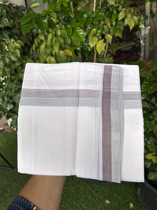 20% Discount! KaithariKada Balaramapuram 100% Cotton Double Pure white Mundu/Dhoti- 100X80 - 1.5 inch Ash & Brown kara - 4 mtr ( 8.5 muzham) - 11 KK5341 VIN