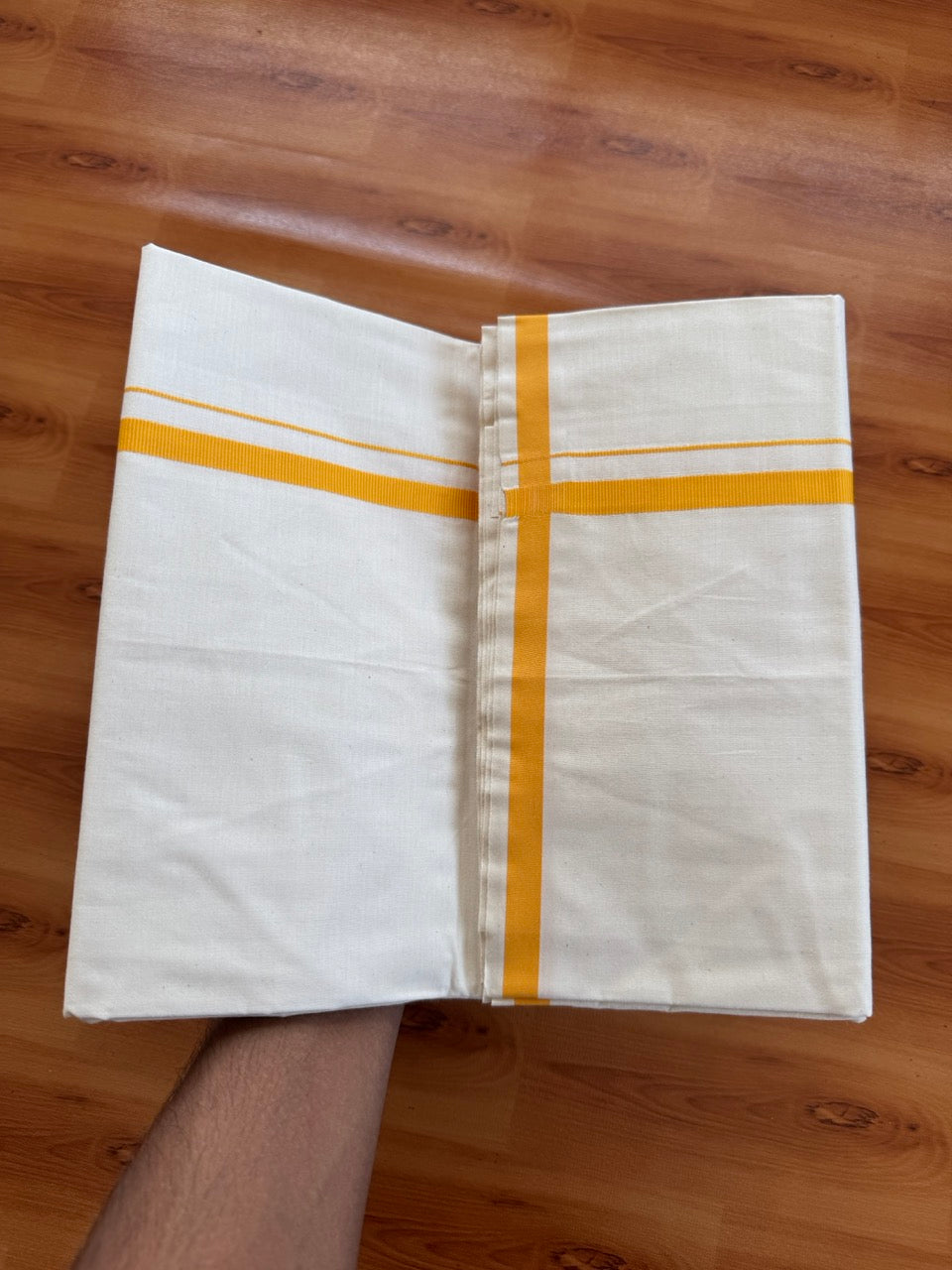 Single Off white 100% Pure Cotton Mundu/Dhoti (Unbleached) - KaithariKada (40s) - 1 cm Yellow Orange Kara (2 meter / 4 muzham) - 6 KK5472 MC