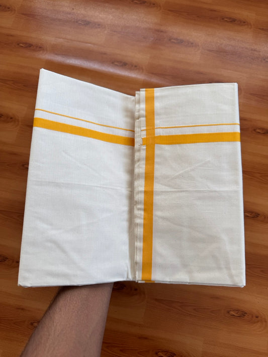 Single Off white 100% Pure Cotton Mundu/Dhoti (Unbleached) - KaithariKada (40s) - 1 cm Yellow Orange Kara (2 meter / 4 muzham) - 6 KK5472 MC