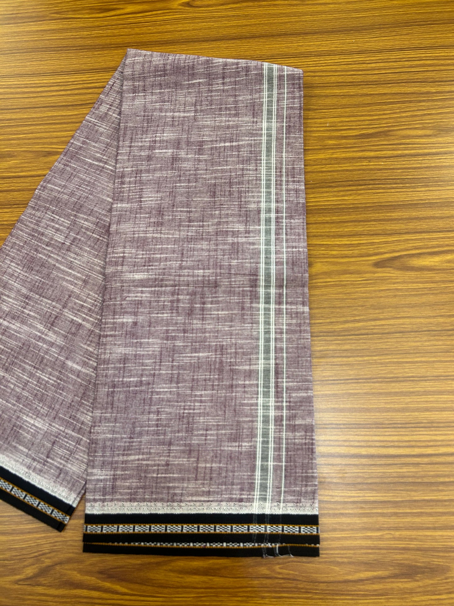 Premium Kathar Type Mund Pure cotton - Kaitharikada - Single Kaily / Lungi - 0.75 inch Black Kara and Black kuppadam Border with Purple Wine White Shaded colour body  (2 meter / 4 muzham)- 53 KK8050 MUT