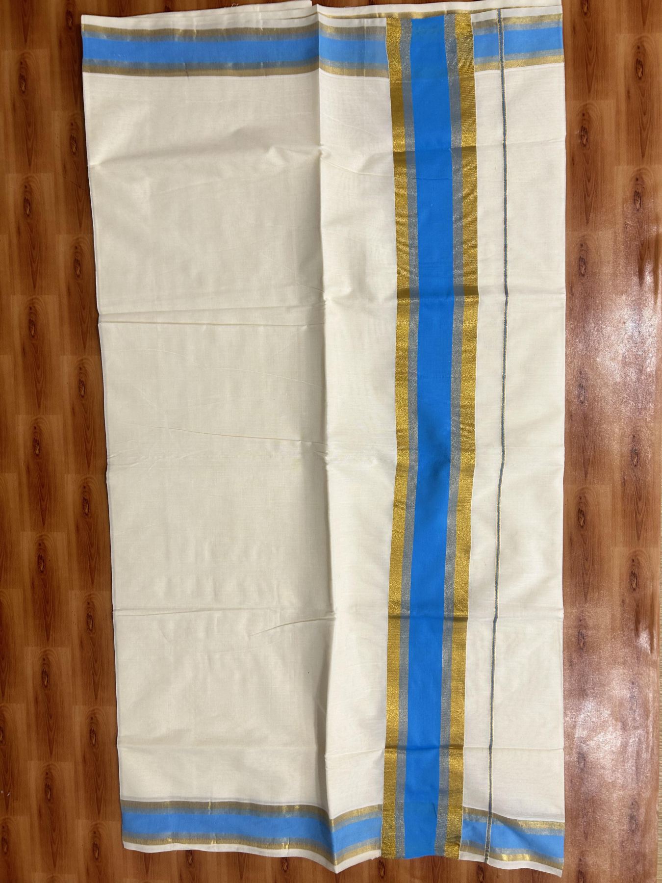 Off White Saree - 25% Discount! Kaitharikada Kerala Traditional Mixed Cotton Kasavu Saree - 3 Inch Pallu - Gold Kasav & Sky Blue Stripes Kara - 21 KK7000 PMC