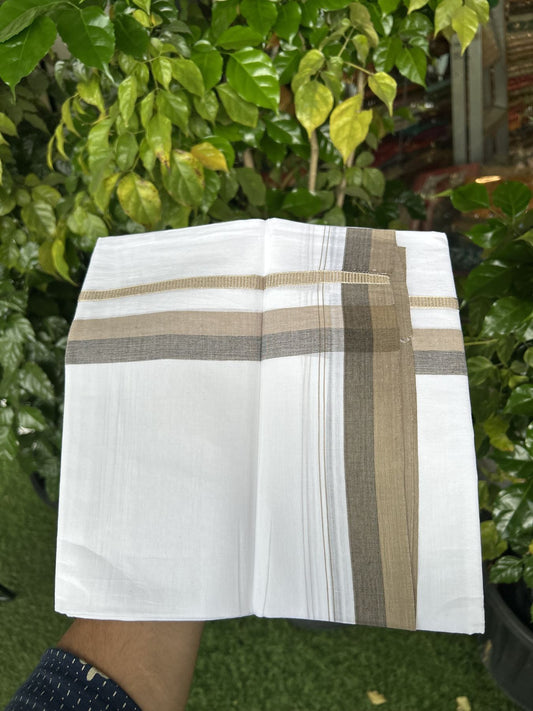 20% Discount! KaithariKada Balaramapuram 100% Cotton Double Pure white Mundu/Dhoti - 100X80 - 1.25 inch Silver Kasav Black & Dark Khaki shaded kara - 4 mtr ( 8.5 muzham) - 84 KK5341 VIN
