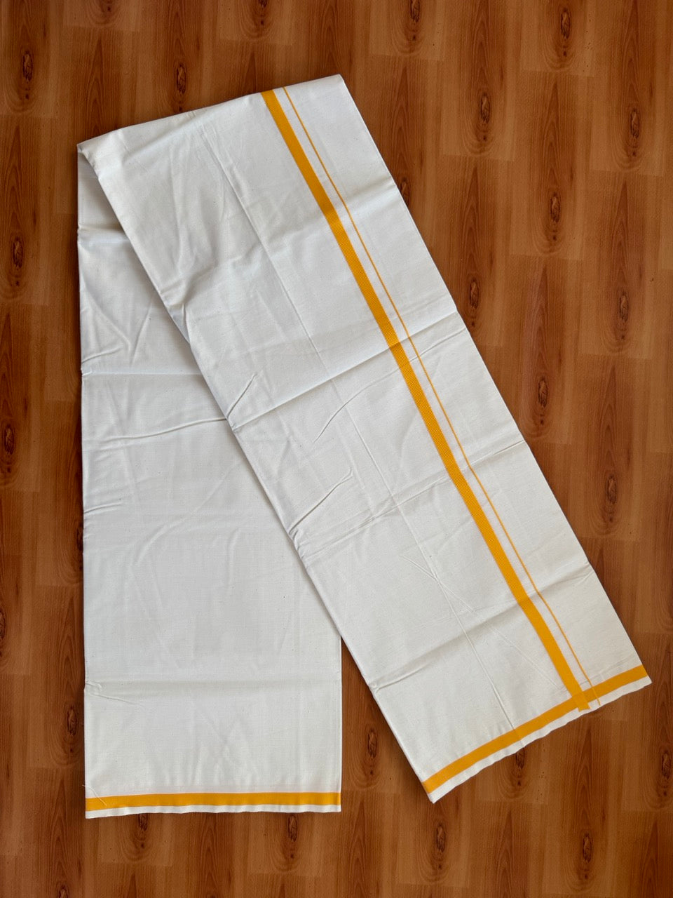 Single Off white 100% Pure Cotton Mundu/Dhoti (Unbleached) - KaithariKada (40s) - 1 cm Yellow Orange Kara (2 meter / 4 muzham) - 6 KK5472 MC