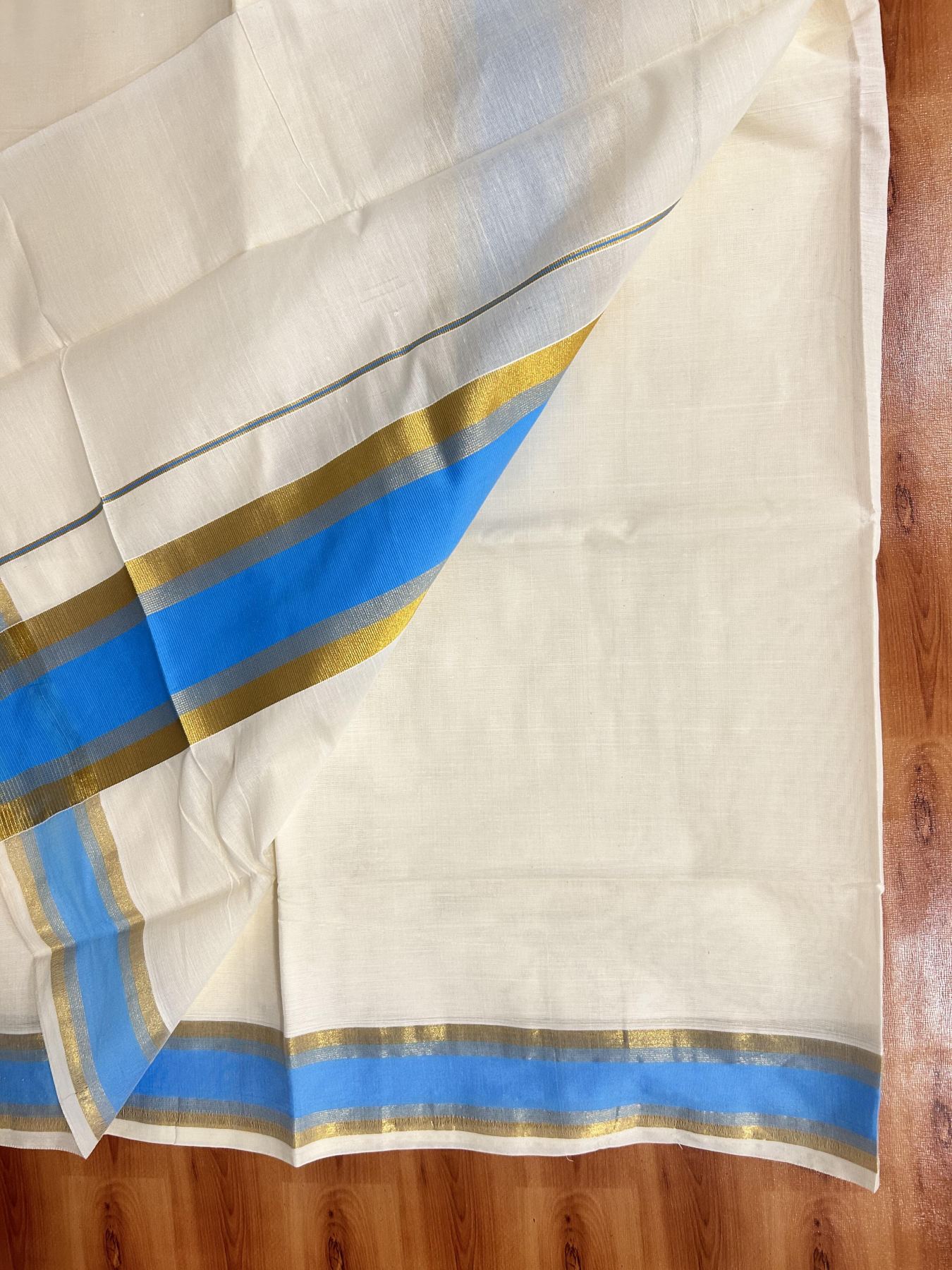 Off White Saree - 25% Discount! Kaitharikada Kerala Traditional Mixed Cotton Kasavu Saree - 3 Inch Pallu - Gold Kasav & Sky Blue Stripes Kara - 21 KK7000 PMC