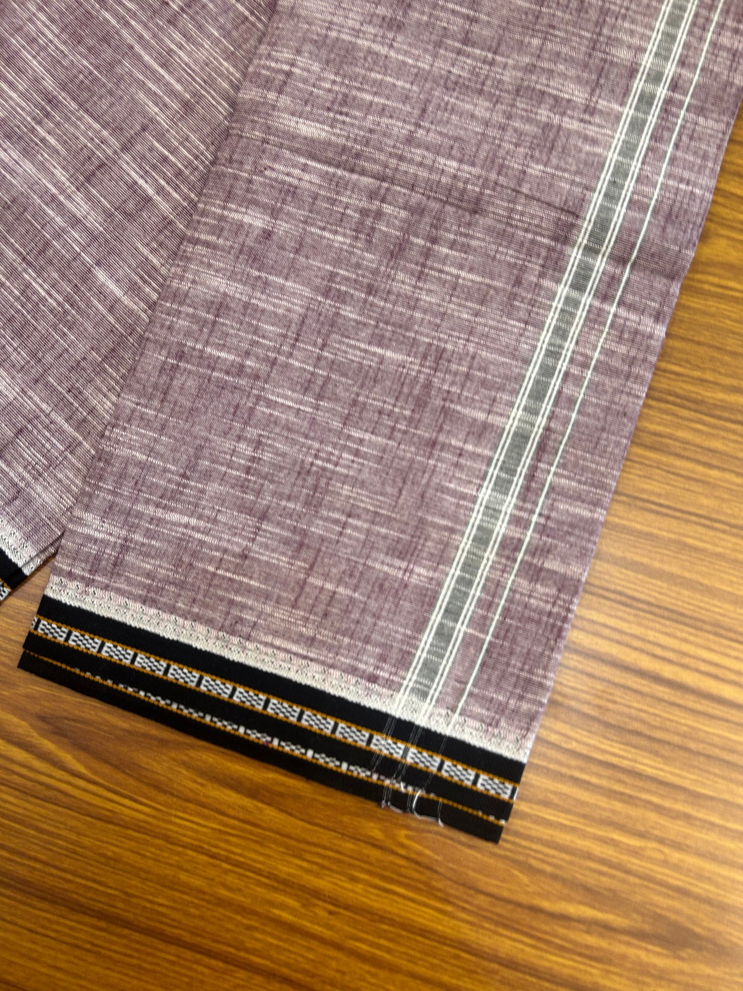 Premium Kathar Type Mund Pure cotton - Kaitharikada - Single Kaily / Lungi - 0.75 inch Black Kara and Black kuppadam Border with Purple Wine White Shaded colour body  (2 meter / 4 muzham)- 53 KK8050 MUT