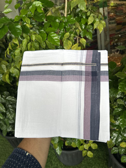 20% Discount! KaithariKada Balaramapuram 100% Cotton Double Pure white Mundu/Dhoti - 100X80 - 1.25 inch Silver Kasav Navy Blue & Purple Ash shaded kara - 4 mtr ( 8.5 muzham) - 85 KK5341 VIN