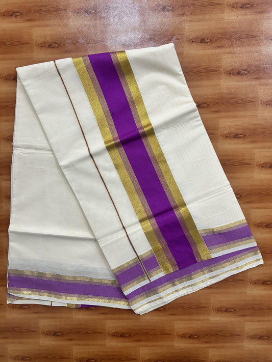 Off White Saree - 25% Discount! Kaitharikada Kerala Traditional Mixed Cotton Kasavu Saree - 3 Inch Pallu - Gold Kasav & Purple Stripes Kara - 20 KK7000 PMC