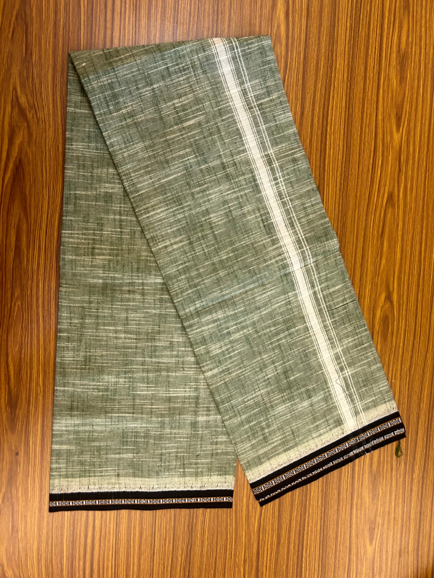 Premium Kathar Type Mund Pure cotton - Kaitharikada - Single Kaily / Lungi - 0.75 inch White Kara and Black kuppadam Border with Light green White Shaded colour body  (2 meter / 4 muzham)- 50 KK8050 MUT