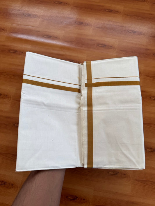 Single Off white 100% Pure Cotton Mundu/Dhoti (Unbleached) - KaithariKada (40s) - 1 cm Brown Kara (2 meter / 4 muzham) - 7 KK5472 MC