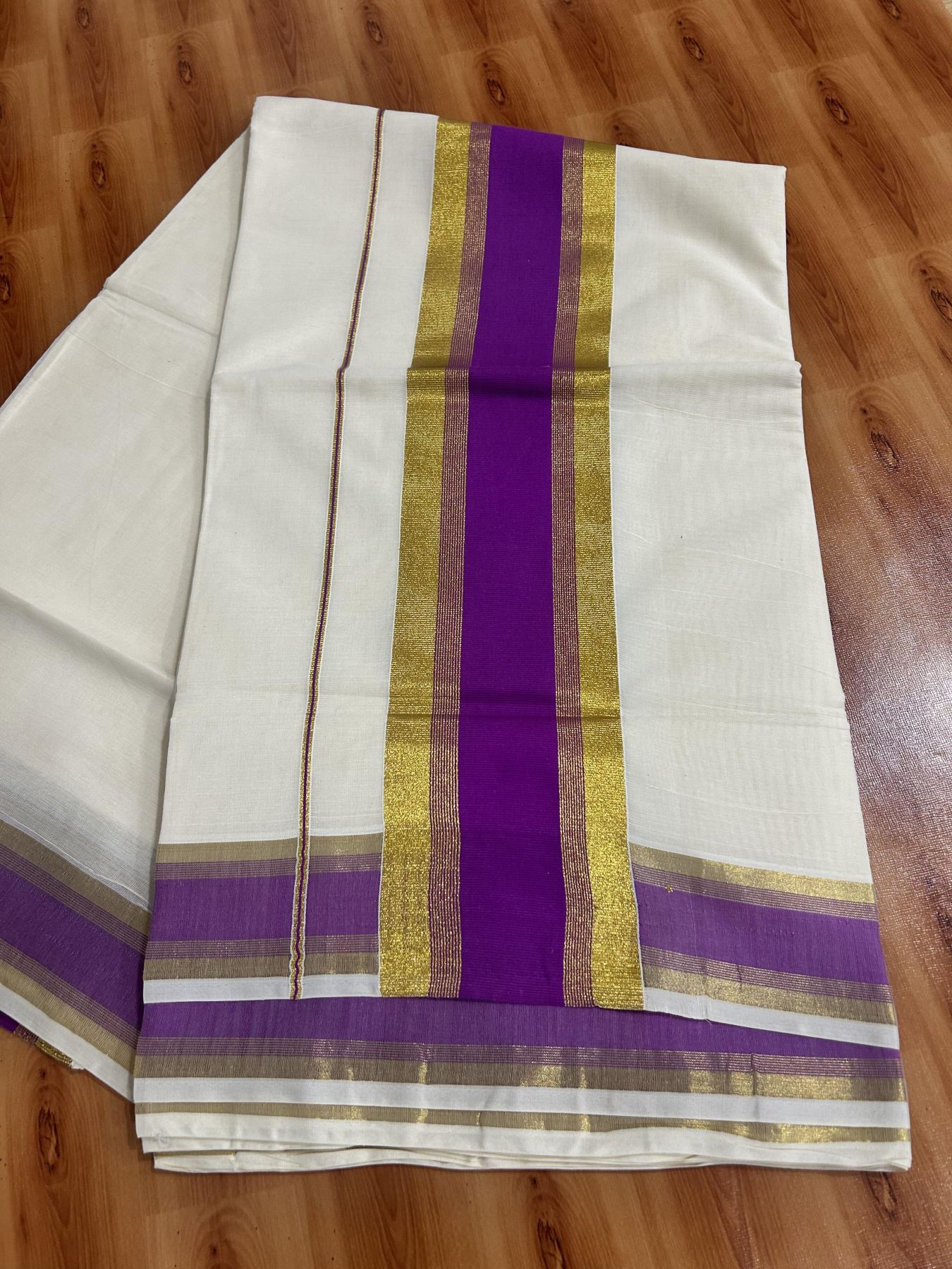 Off White Saree - 25% Discount! Kaitharikada Kerala Traditional Mixed Cotton Kasavu Saree - 3 Inch Pallu - Gold Kasav & Purple Stripes Kara - 20 KK7000 PMC