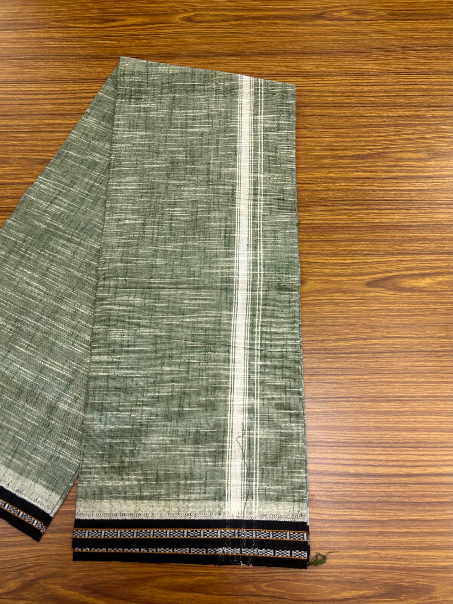 Premium Kathar Type Mund Pure cotton - Kaitharikada - Single Kaily / Lungi - 0.75 inch White Kara and Black kuppadam Border with Light green White Shaded colour body  (2 meter / 4 muzham)- 50 KK8050 MUT