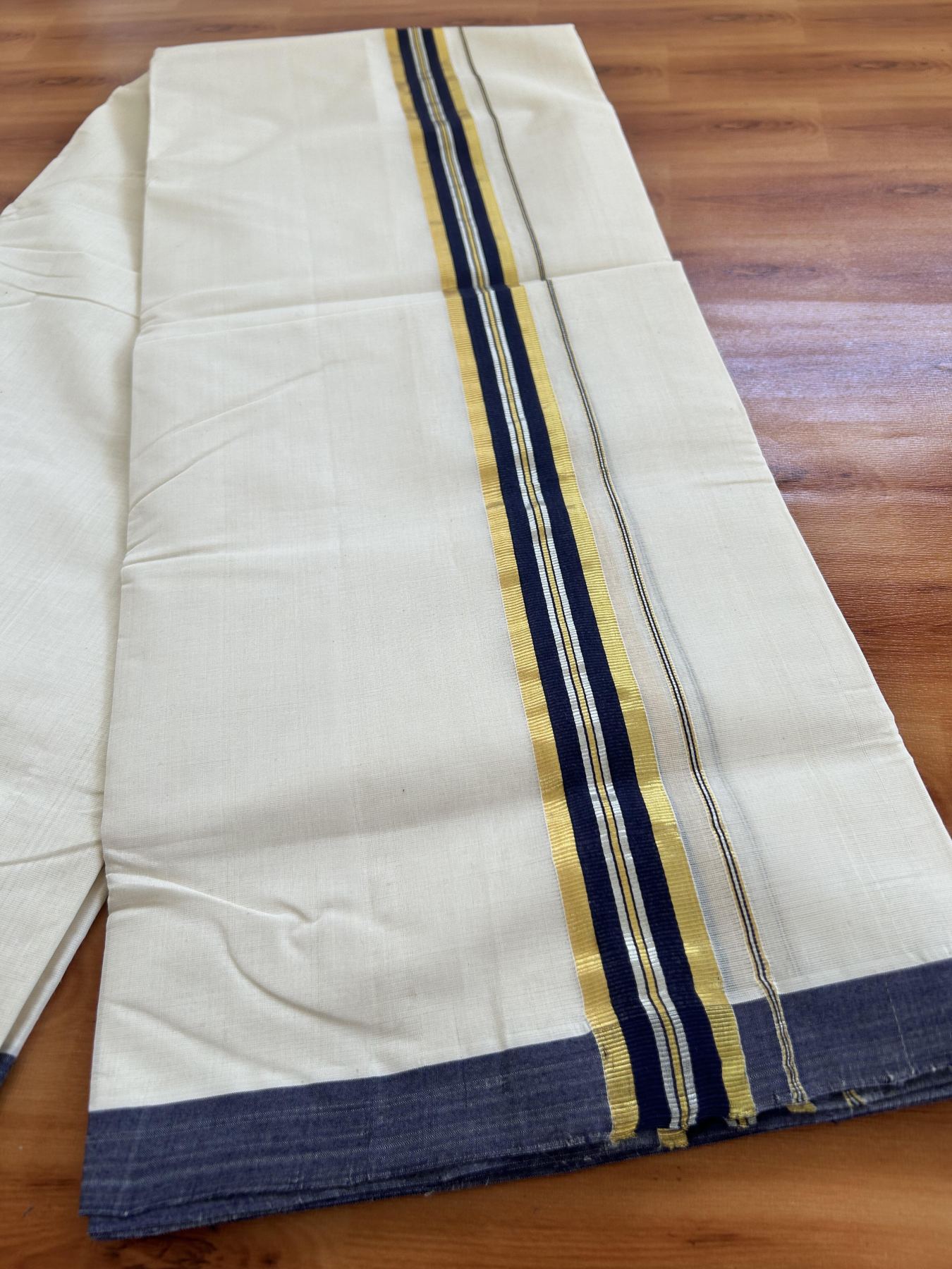 Double Off White - (Unbleached) Mundu/Dhoti - 25% Discount! KaithariKada Handloom Millpaav Kerala Handloom - Pure Cotton - (80X90) - 1.5 inch Gold & Silver Kasav Navy Blue Striped Kara 4 mtr (8.5 Muzham) - 8 KK5403 RAM