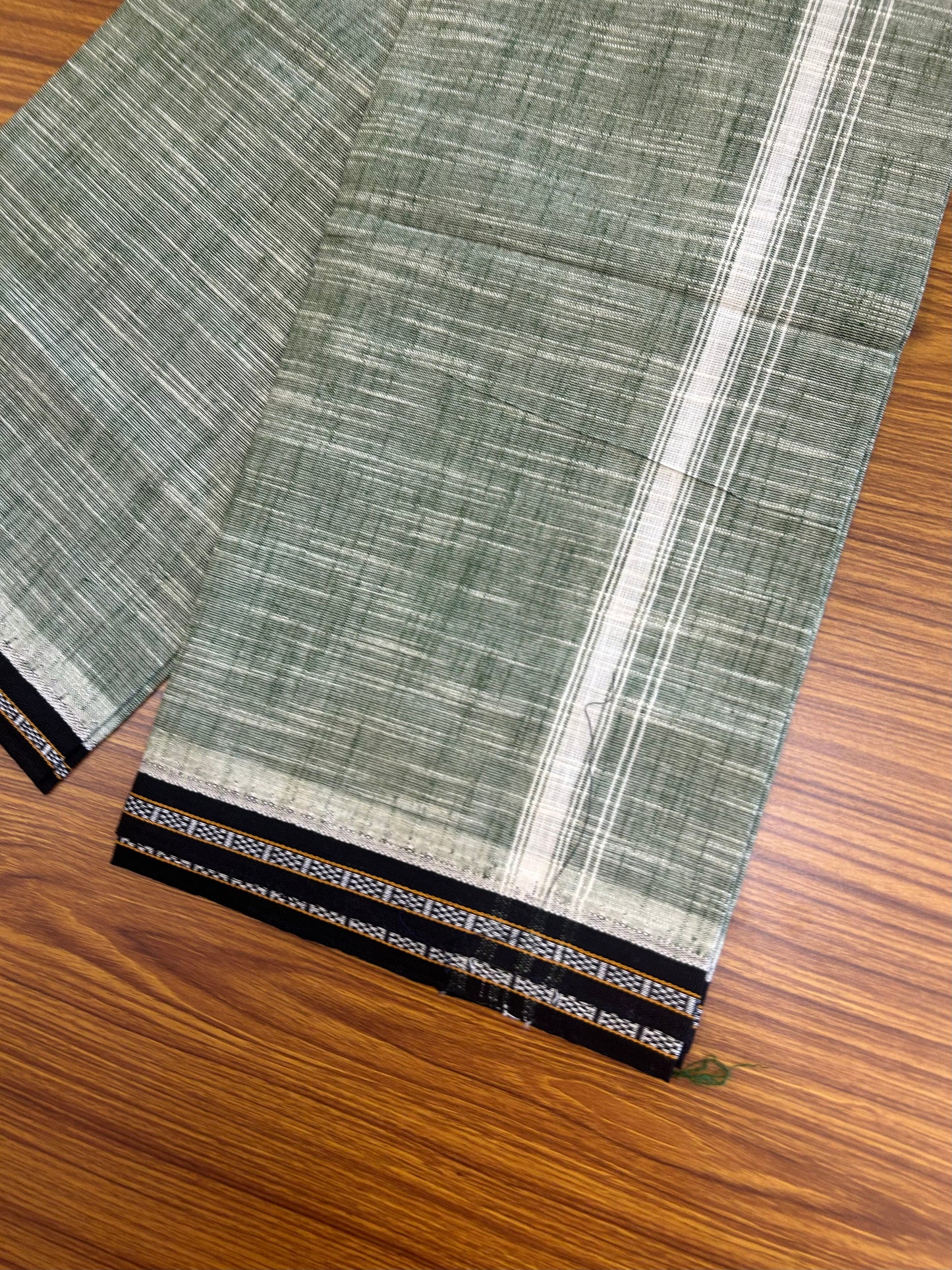 Premium Kathar Type Mund Pure cotton - Kaitharikada - Single Kaily / Lungi - 0.75 inch White Kara and Black kuppadam Border with Light green White Shaded colour body  (2 meter / 4 muzham)- 50 KK8050 MUT