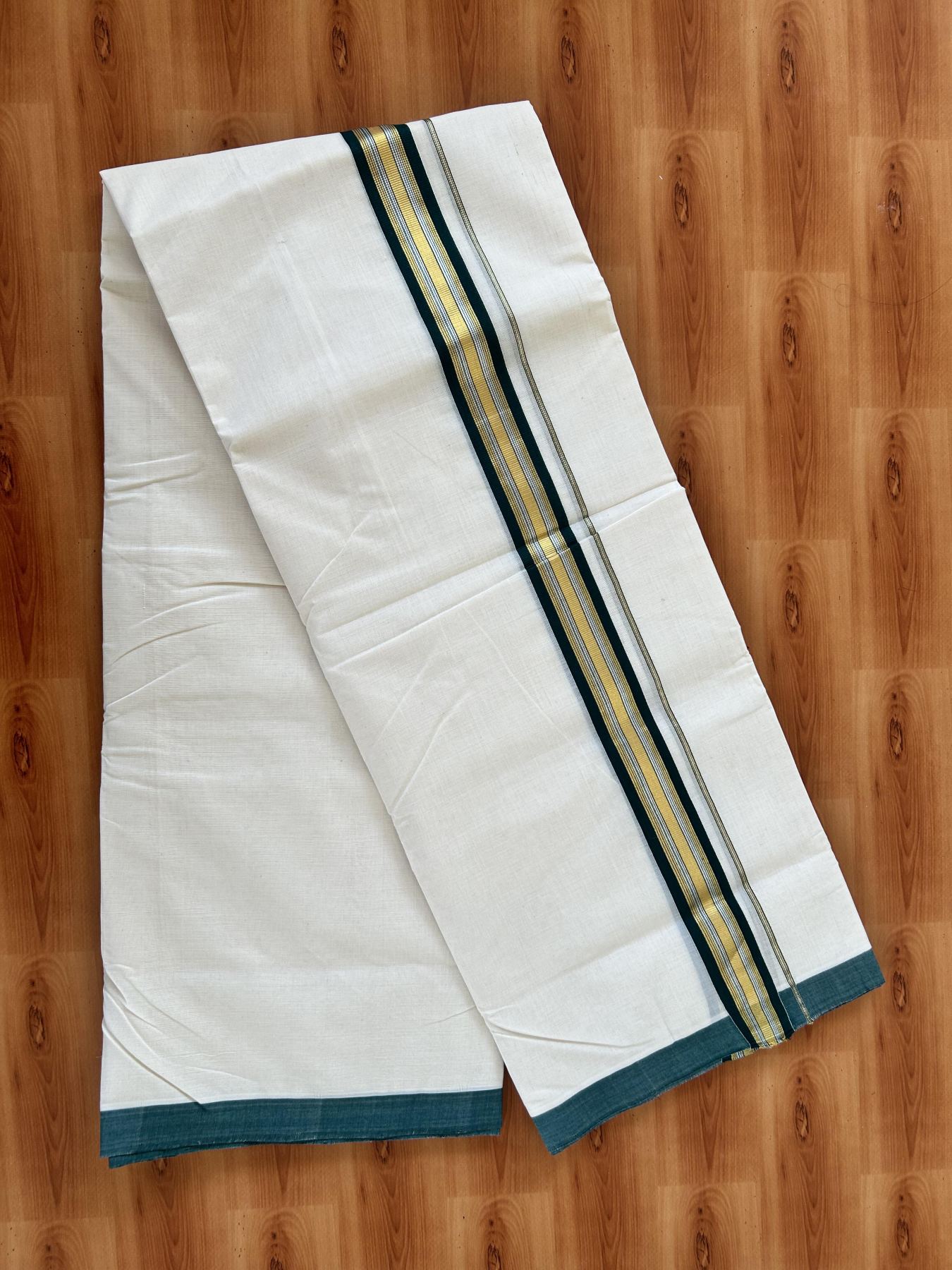 Double Off White - (Unbleached) Mundu/Dhoti - 25% Discount! KaithariKada Handloom Millpaav Kerala Handloom - Pure Cotton - (80X90) - 1.5 inch Gold & Silver Kasav Green Striped Kara 4 mtr (8.5 Muzham) - 9 KK5403 RAM