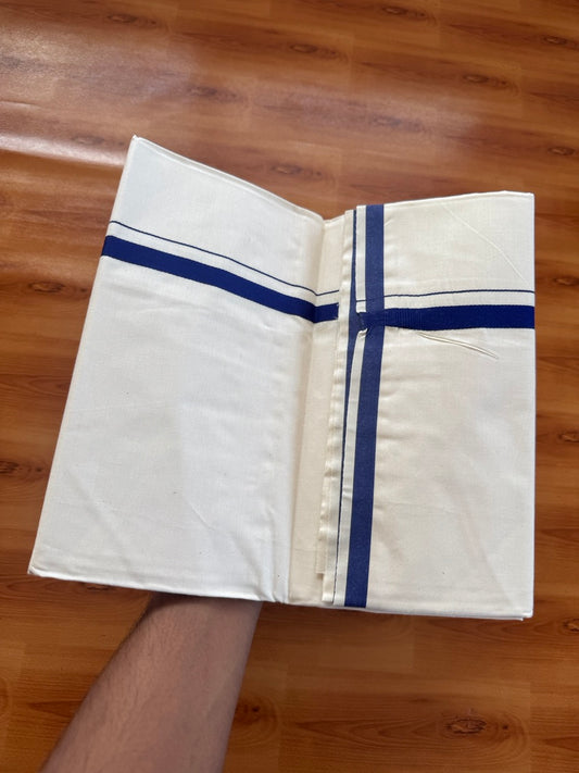 Single Off white 100% Pure Cotton Mundu/Dhoti (Unbleached) - KaithariKada (40s) - 1 cm Navy Blue Kara (2 meter / 4 muzham) - 8 KK5472 MC