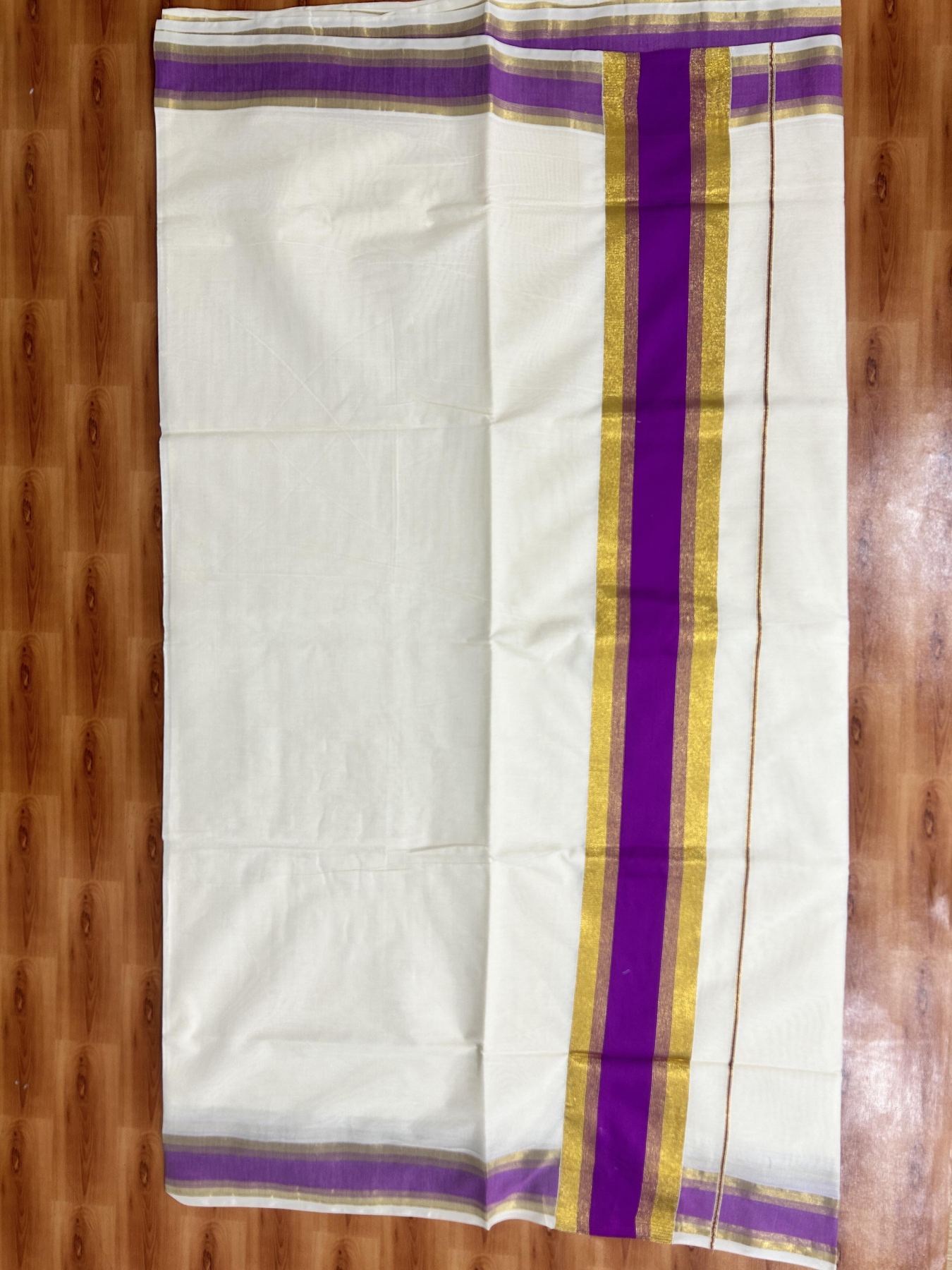 Off White Saree - 25% Discount! Kaitharikada Kerala Traditional Mixed Cotton Kasavu Saree - 3 Inch Pallu - Gold Kasav & Purple Stripes Kara - 20 KK7000 PMC