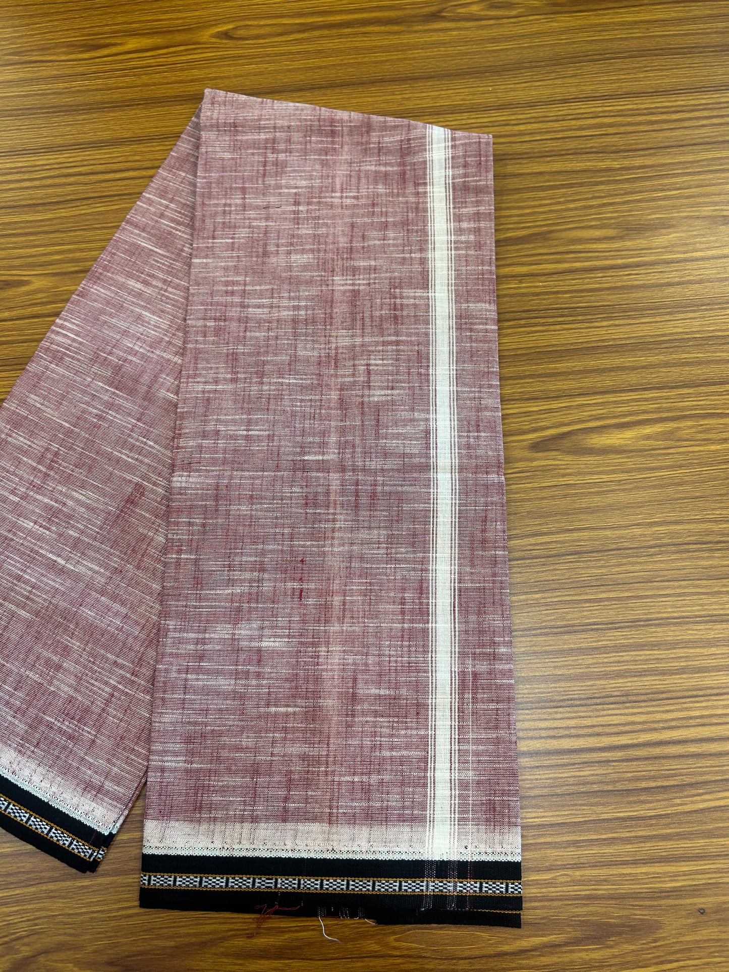 Premium Kathar Type Mund Pure cotton - Kaitharikada - Single Kaily / Lungi - 0.75 inch White Kara and Black kuppadam Border with Maroon White Shaded colour body  (2 meter / 4 muzham)- 54 KK8050 MUT