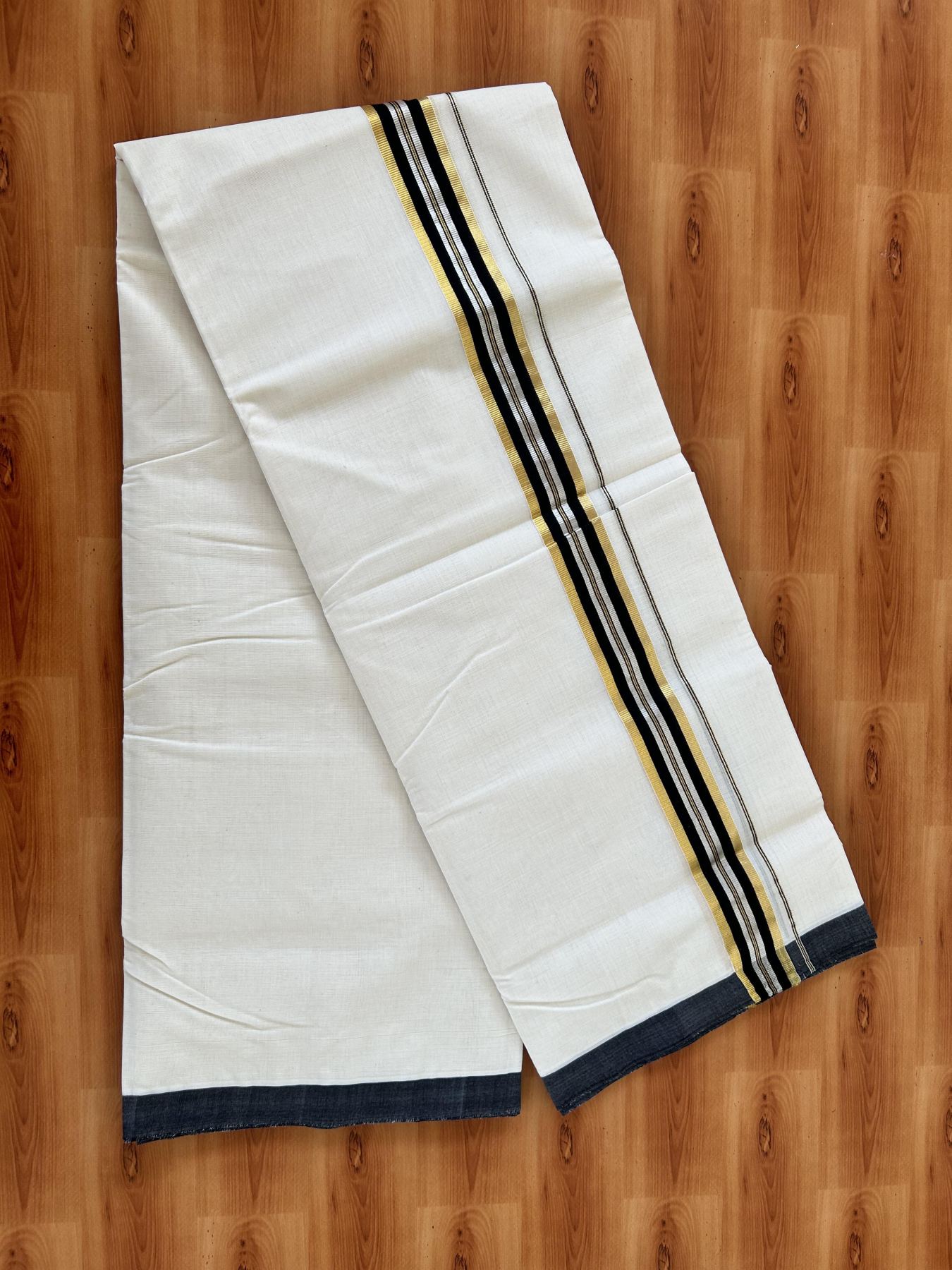 Double Off White - (Unbleached) Mundu/Dhoti - 25% Discount! KaithariKada Handloom Millpaav Kerala Handloom - Pure Cotton - (80X90) - 1.5 inch Gold & Silver Kasav Black Striped Kara 4 mtr (8.5 Muzham) - 10 KK5403 RAM