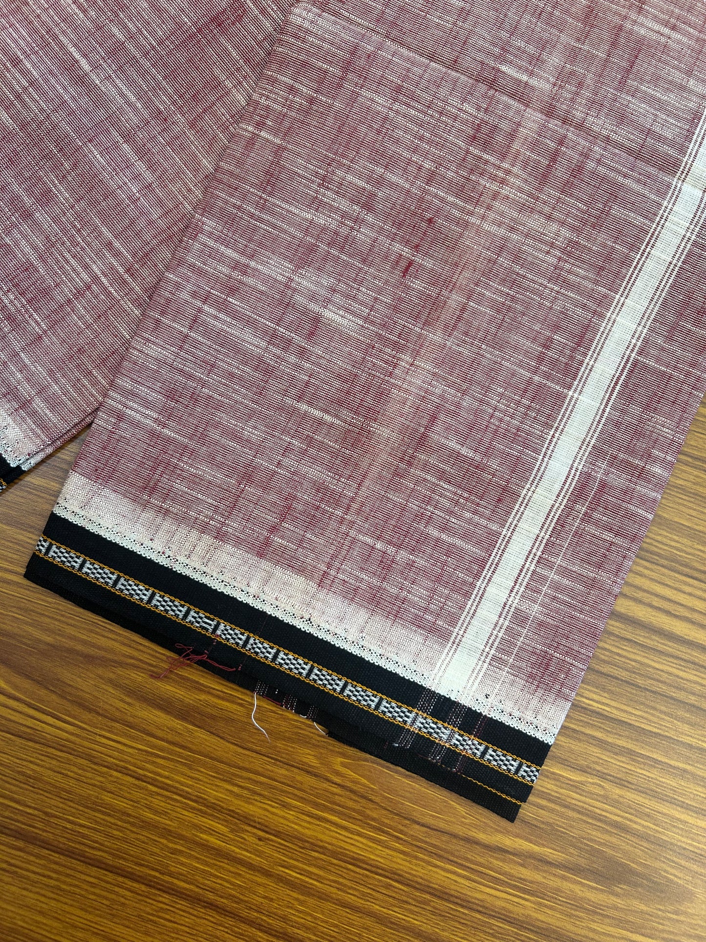 Premium Kathar Type Mund Pure cotton - Kaitharikada - Single Kaily / Lungi - 0.75 inch White Kara and Black kuppadam Border with Maroon White Shaded colour body  (2 meter / 4 muzham)- 54 KK8050 MUT