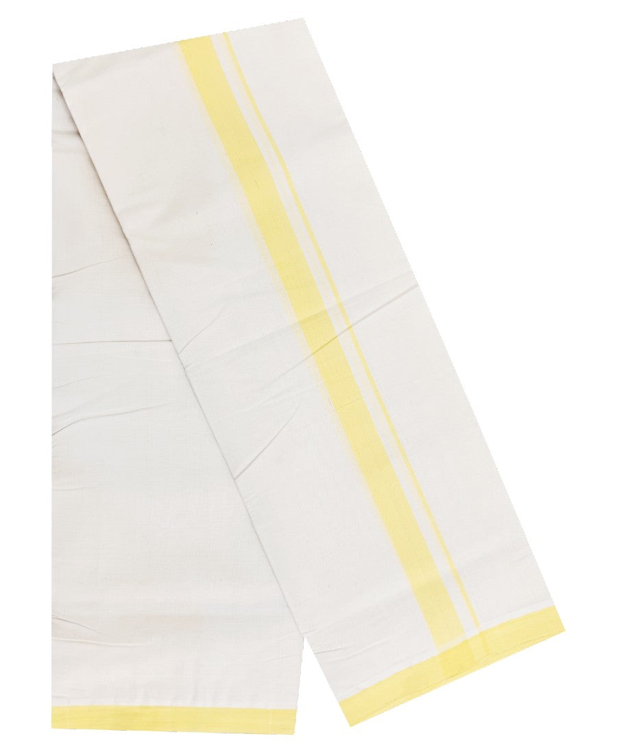 30% Discount! KaithariKada Balaramapuram Handloom 100% Millpaav Cotton Double Mundu/Dhoti Off white (Unbleached) - 100x100 Yellow Mulloth Border 3.60m (8 Muzham) - KAI15S001.
