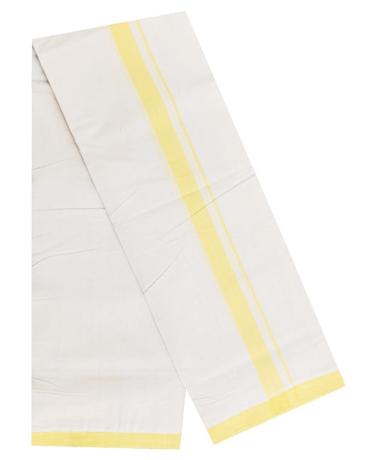 30% Discount! KaithariKada Balaramapuram Handloom 100% Millpaav Cotton Double Mundu/Dhoti Off white (Unbleached) - 100x100 Yellow Mulloth Border 3.60m (8 Muzham) - KAI15S001.