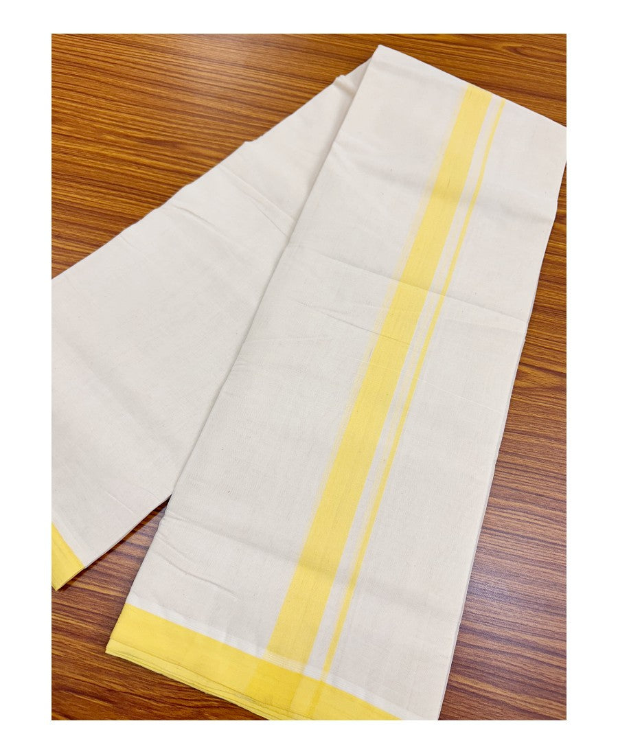 30% Discount! KaithariKada Balaramapuram Handloom 100% Millpaav Cotton Double Mundu/Dhoti Off white (Unbleached) - 100x100 Yellow Mulloth Border 3.60m (8 Muzham) - KAI15S001.