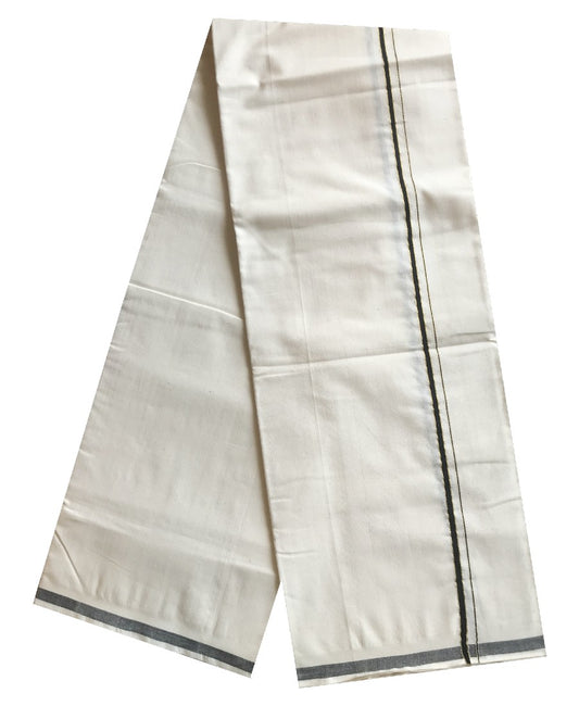 30% Discount ! KaithariKada 100% Cotton Balaramapuram HANDLOOM Single Mundu/Dhoti - Off White (Unbleached) 1.cm (2 meter / 4 muzham) Black Kasavu kara - 8.
