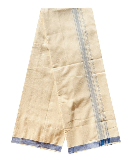 30% Discount ! KaithariKada 100% Cotton Balaramapuram HANDLOOM Single Mundu/Dhoti - Off White (Unbleached) 1.Inch (2 meter / 4 muzham) Blue Striped Puliyilakkara Chutty- KAIH03.
