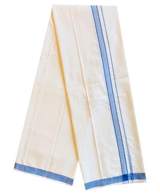 30% Discount ! KaithariKada 100% Cotton Balaramapuram HANDLOOM Single Mundu/Dhoti - Off White (Unbleached) 0.75 inch (2 meter / 4 muzham) Blue Chutty Puliyilakkara.