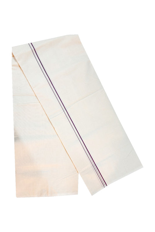 30% DISCOUNT! KaithariKada HANDLOOM Millpaav Balaramapuram - 100% PURE Cotton Off White Double (Unbleached) Mundu/Dhoti - 1cm Violet Erkkilkara - 85